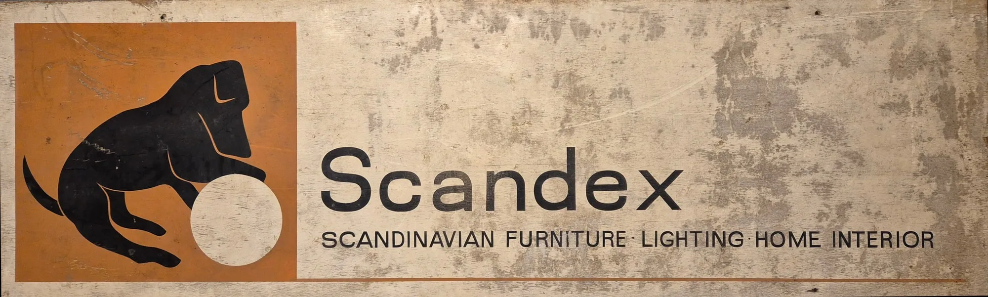 The original Scandex sign — Scandinavian furniture, lighting, home, interior — on weathered painted board